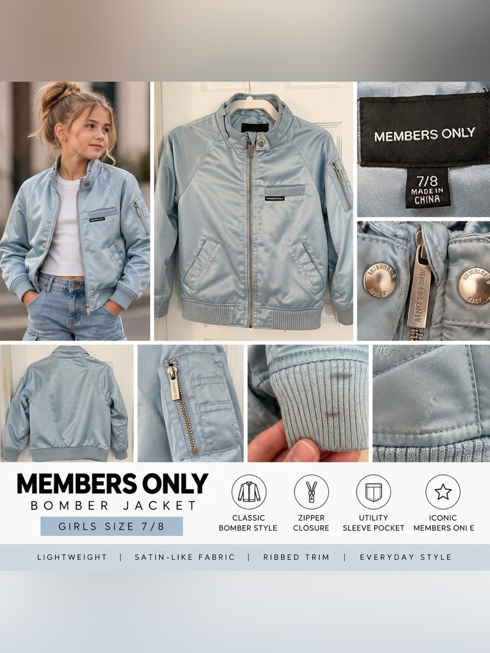 Members Only Light Blue Satin Bomber Jacket Girls Size 7/8 Y2K